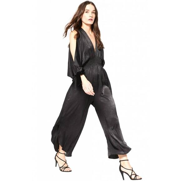 Misa LA Black Byanca Satin Kimono Bow Cold Shoulder Wide Leg Jumpsuit Size XS - Picture 1 of 6